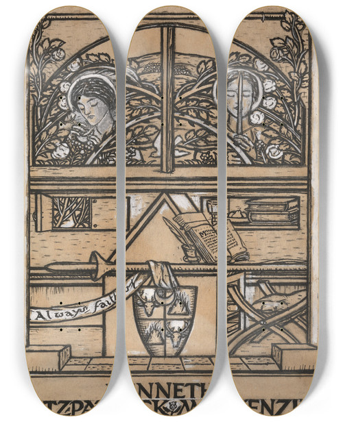 Triptych art skateboard deck of Paul Nash Design For A Bookplate For Kenneth Fitzpatrick Mackenzie by Paul Nash (1889-1946)