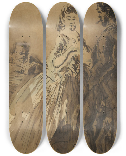 Triptych art skateboard deck of Constantin Guys Propos Galants by Constantin Guys (1805-1892)