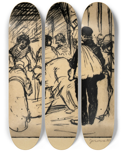 Triptych art skateboard deck of Jerome Myers Lemon Vendor by Jerome Myers (1867-1940)