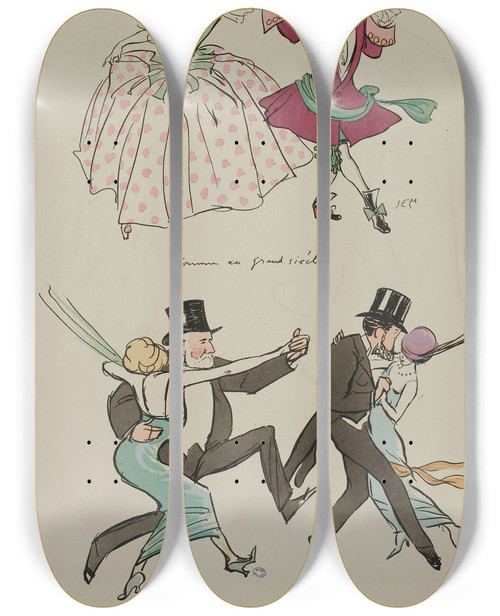 Triptych art skateboard deck of Georges Goursat Sem Comme Au Grand Sicle Comte Bruno De Boisgelin Paul Aumont Marquis Antoine De Gontautbiron by Georges Goursat (Sem) (1863-1934)