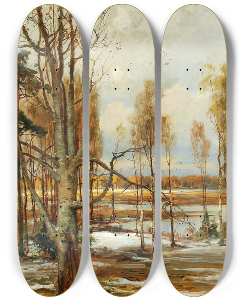 Triptych art skateboard deck of Julius Sergius Klever An Early Spring Landscape With A Beech Tree In The Foreground by Julius Sergius Klever (1850-1924)