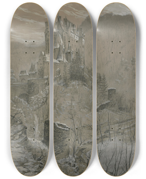 Triptych art skateboard deck of Bernhard Mannfeld Eltz Castle In The Winter by Bernhard Mannfeld