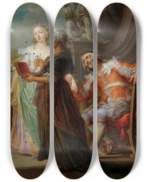 Triptych art skateboard deck of Franz Christoph Janneck A Gallant Scene by Franz Christoph Janneck (1703-1761)