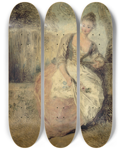 Triptych art skateboard deck of Jeanantoine Watteau Lamante Inquite by Jean-Antoine Watteau (1684-1721)