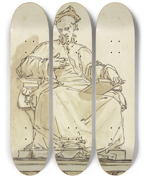 Triptych art skateboard deck of Luca Cambiaso Konsolstatue Eines Sitzenden Kardinals by Luca Cambiaso (1527-1585)