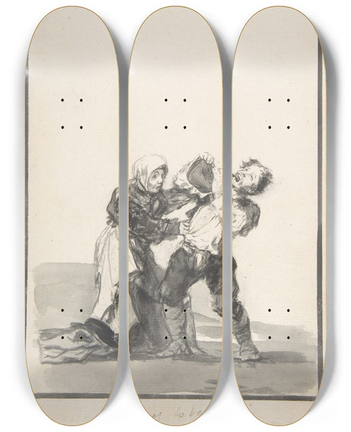 Triptych art skateboard deck of Francisco De Goya Youll See Later A Man Drinking A Woman Trying To Stop Him by Francisco de Goya (1746-1828)
