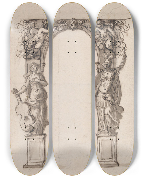 Triptych art skateboard deck of Inigo Jones Design For A Temporary Arch Ornamented With Putti And Allegorical Figures Of Music And War by Inigo Jones