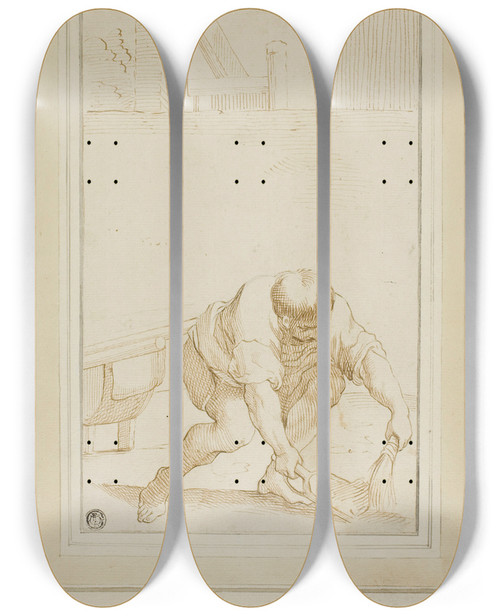Triptych art skateboard deck of After Annibale Carracci Manure Collector by After Annibale Carracci (1560-1609)