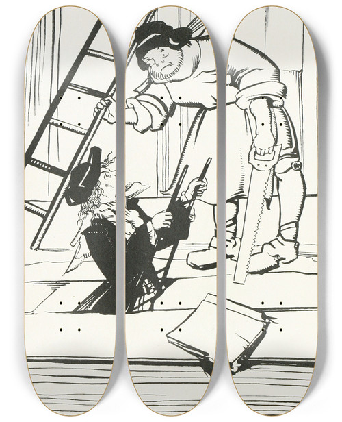Triptych art skateboard deck of Jean De Bosschre The Carpenter Came by Jean de Bosschre (1878-1953)