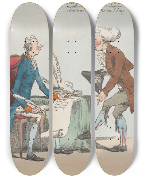 Triptych art skateboard deck of George Moutard Woodward An Enquiry Concerning The Clock Tax by George Moutard Woodward (1765-1809)