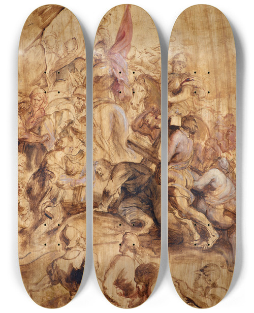 Triptych art skateboard deck of Peter Paul Rubens The Ascent To Calvary The Bearing Of The Cross by Peter Paul Rubens (1577-1640)