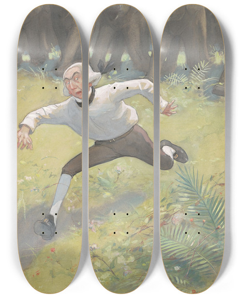 Triptych art skateboard deck of Peter Newell Man Running From Elephants by Peter Newell (1862-1924)