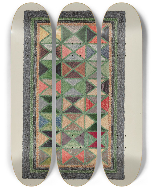 Triptych art skateboard deck of Ruth M Barnes Hooked Rug_3 by Ruth M Barnes