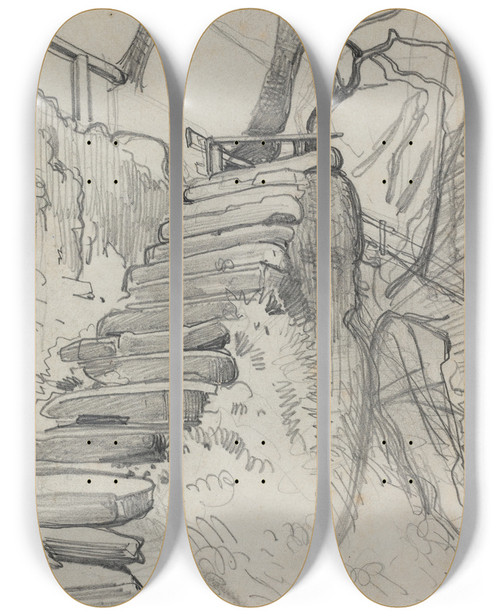 Triptych art skateboard deck of Adolph Von Menzel Flight Of Stone Steps In A Garden by Adolph Von Menzel (1815-1905)
