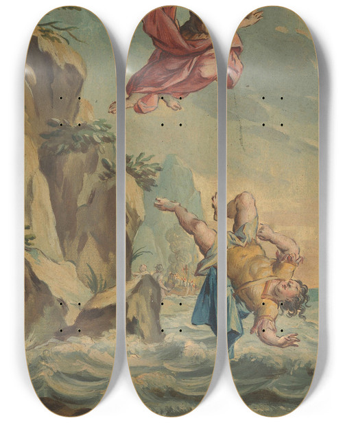 Triptych art skateboard deck of Rienk Keyert Mentor Gooit Telemachus Van Een Rots En Springt Hem Achterna by Rienk Keyert (1709-1775)