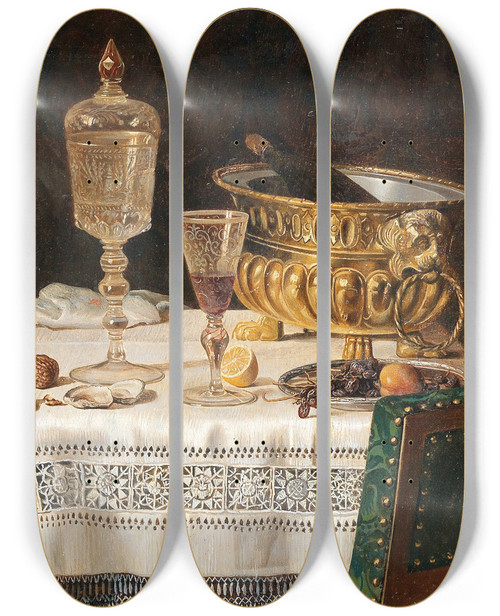 Triptych art skateboard deck of Max Schdl Still Life With Glass Cup And Champagne Cooler by Max Schodl (1834-1921)