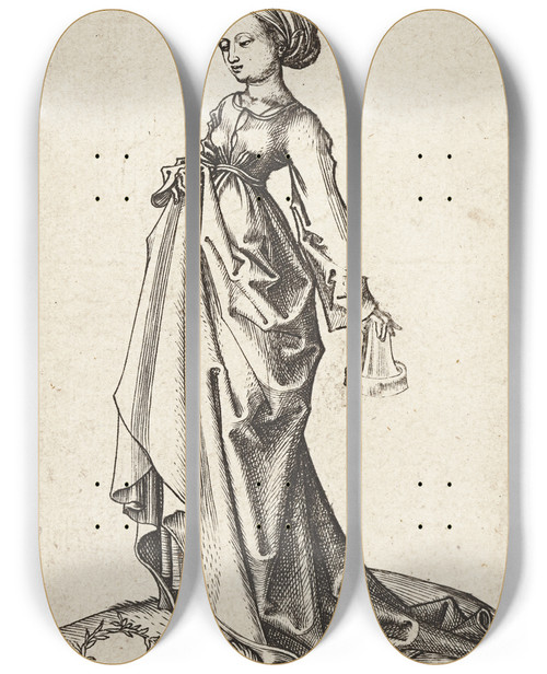 Triptych art skateboard deck of Martin Schongauer The Second Foolish Virgin by Martin Schongauer (1435-1491)