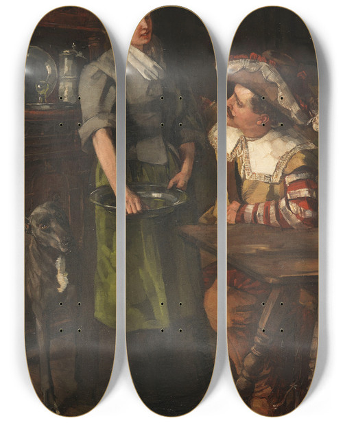 Triptych art skateboard deck of Wilhelm Trbner Zechender Landsknecht Mit Serviermdchen by Wilhelm Trubner (1851-1917)