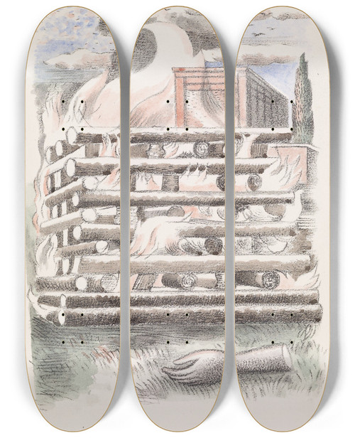 Triptych art skateboard deck of Paul Nash Design For Urne Buriall Funeral Pyre by Paul Nash (1889-1946)