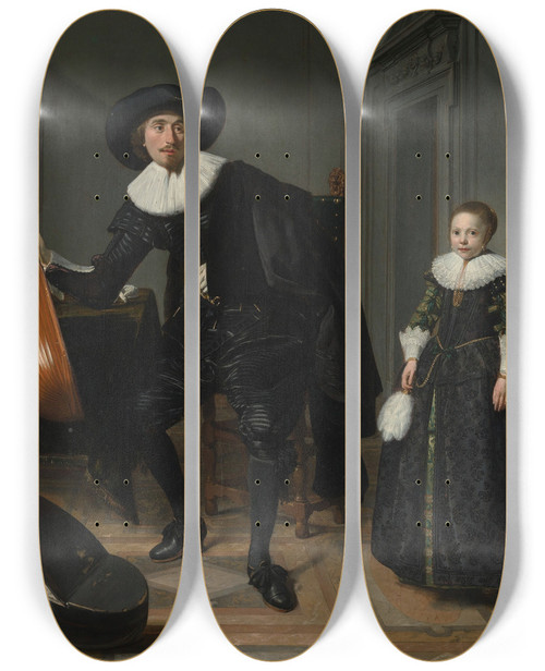 Triptych art skateboard deck of Thomas De Keyser A Musician And His Daughter by Thomas de Keyser (1596-1667)