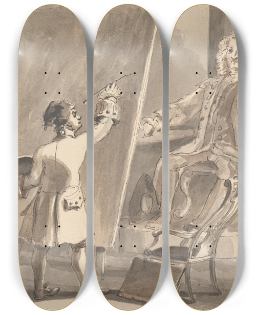 Triptych art skateboard deck of John Thomas Smith Hogarth Painting His Picture Of Captain Coram For The Foundling Hospital by John Thomas Smith (1766-1833)