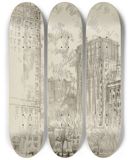 Triptych art skateboard deck of Joseph Pennell Battery Park by Joseph Pennell (1857-1926)