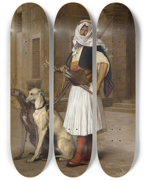 Triptych art skateboard deck of Jeanlon Grme Arnaut And Two Whippets by Jean-Lon Grme (1824-1904)
