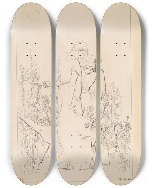 Triptych art skateboard deck of Sir John Everett Millais Lovers By A Rosebush_1 by Sir John Everett Millais (1829-1896)