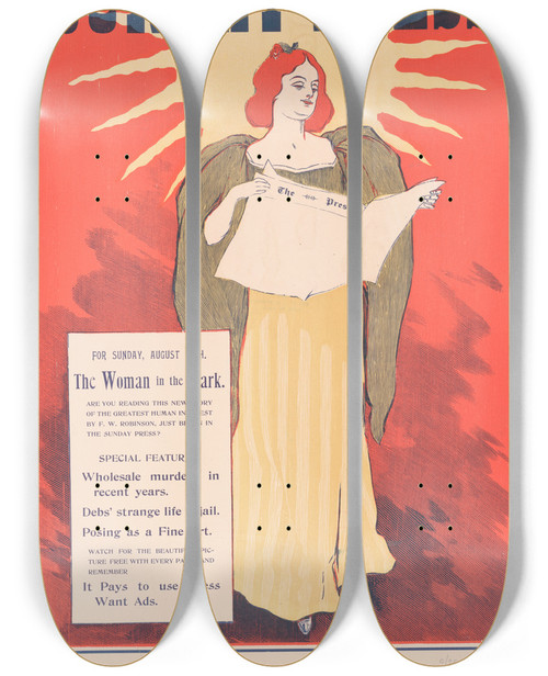 Triptych art skateboard deck of George Reiter Brill For Sunday August 11Th The Woman In The Dark by George Reiter Brill (1867-1918)