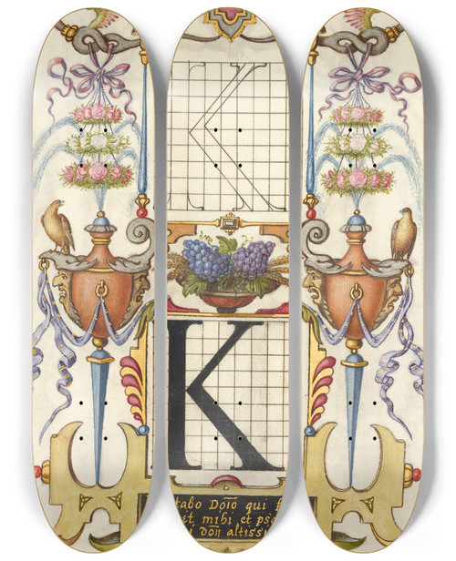 Triptych art skateboard deck of Joris Hoefnagel Guide For Constructing The Letter K by Joris Hoefnagel (1542-1600)