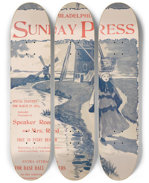 Triptych art skateboard deck of George Reiter Brill Special Features For Sunday March 29Th 1896 by George Reiter Brill (1867-1918)