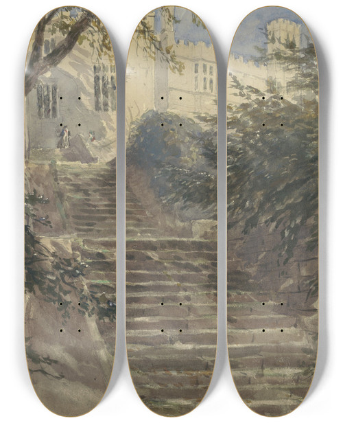 Triptych art skateboard deck of David Cox Tuintrap Bij Haddon Hall Derbyshire by David Cox (1783-1859)