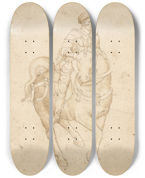 Triptych art skateboard deck of The Veneto A Warrior On Horseback by The Veneto (1425-1449)