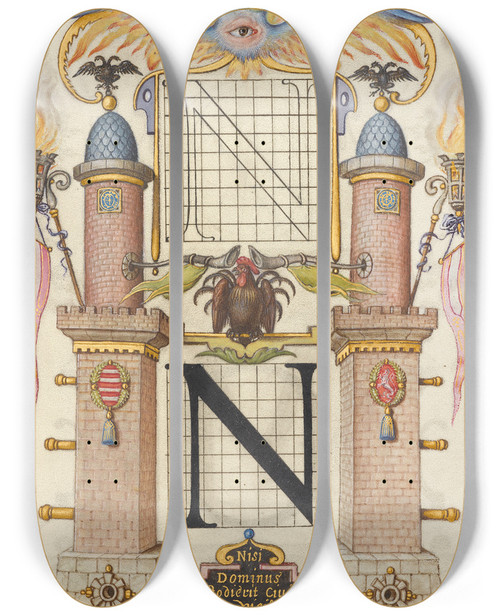 Triptych art skateboard deck of Joris Hoefnagel Guide For Constructing The Letter N by Joris Hoefnagel (1542-1600)