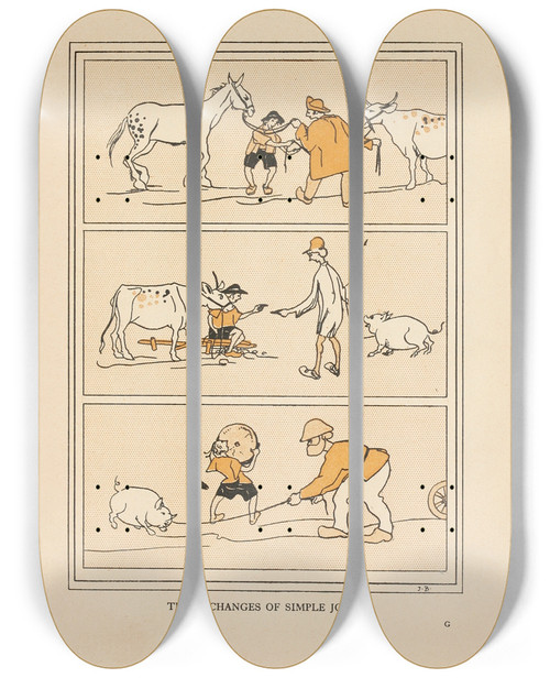 Triptych art skateboard deck of Jean De Bosschre The Exchanges Of Simple John by Jean de Bosschre (1878-1953)