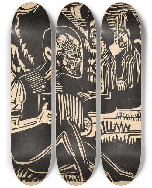 Triptych art skateboard deck of Ernst Ludwig Kirchner Mondnacht_1 by Ernst Ludwig Kirchner (1880-1938)