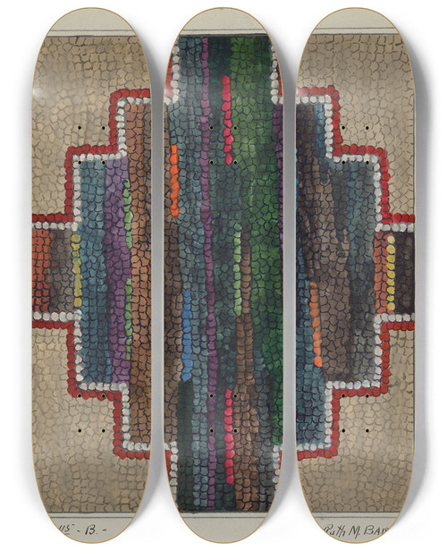 Triptych art skateboard deck of Ruth M Barnes Hooked Rug Center Design by Ruth M Barnes