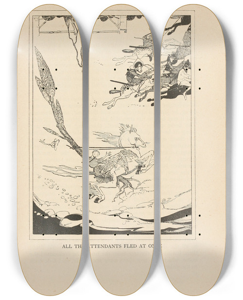 Triptych art skateboard deck of Jean De Bosschre All The Attendants Fled At Once by Jean de Bosschre (1878-1953)