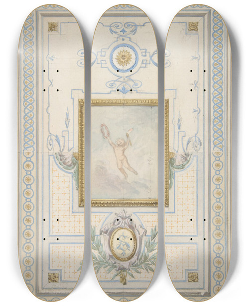 Triptych art skateboard deck of Julesedmondcharles Lachaise Design For The Painted Decoration Of A Ceiling With The Monogram As by Jules-Edmond-Charles Lachaise (1897)