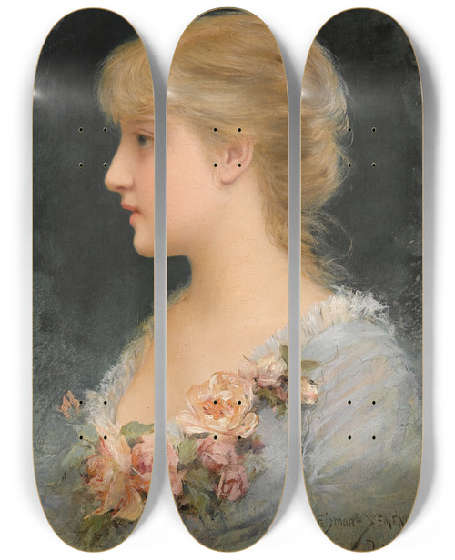 Triptych art skateboard deck of Emile Eismansemenowsky Portrait Of A Girl by Emile Eisman-Semenowsky (1853-1918)