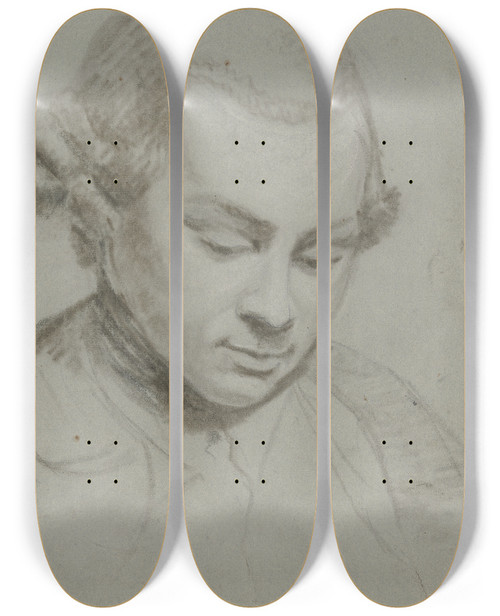 Triptych art skateboard deck of Johann Friedrich August Tischbein Brustbild Eines Bartlosen Mannes Der Nach Unten Blickt by Johann Friedrich August Tischbein (1750-1812)