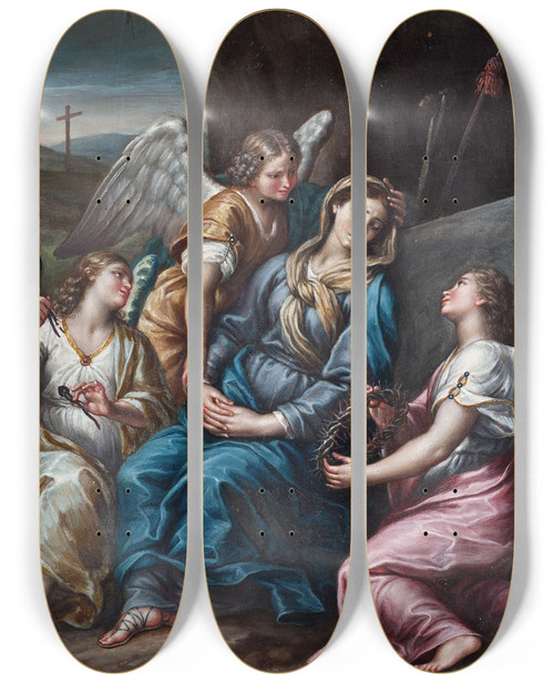 Triptych art skateboard deck of Lorenzo Gramiccia The Virgin Mourning At The Tomb by Lorenzo Gramiccia (1702-1796)