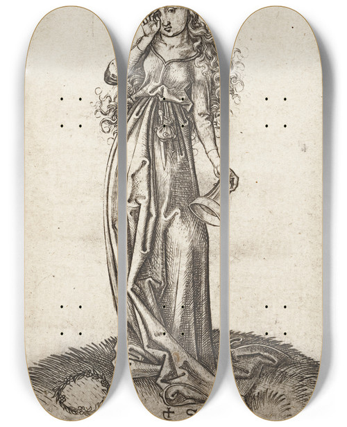 Triptych art skateboard deck of Martin Schongauer The Third Foolish Virgin by Martin Schongauer (1435-1491)