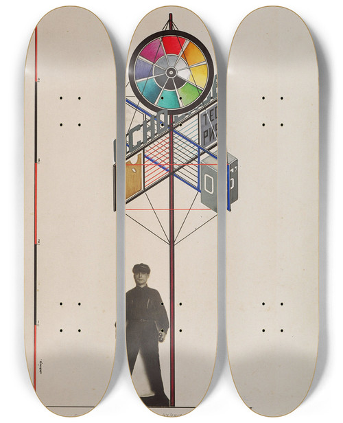 Triptych art skateboard deck of Gustav Klutsis Osnovnoye Design For A Stand At The Entrance To An Exhibition Of Works By The Students Of The Basic Course Of Vkhutemas by Gustav Klutsis (1895-1938)