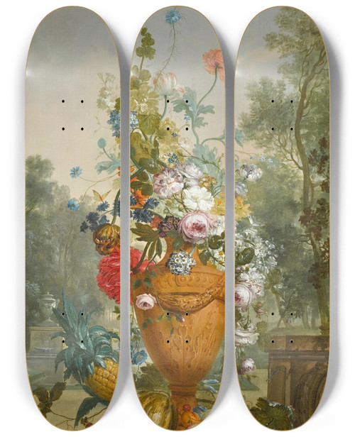 Triptych art skateboard deck of Jacobus Linthorst A Vase Ofpeonies Chrysanthemums And A Carnation With Exotic Fruits In A Garden by Jacobus Linthorst (1745-1815)