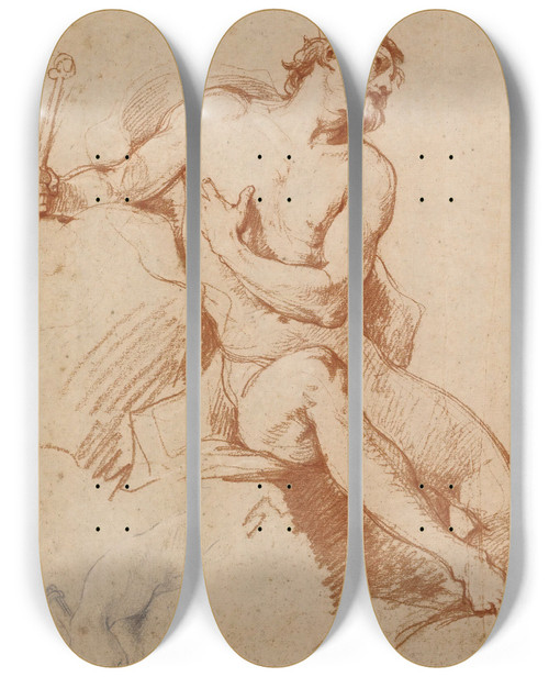 Triptych art skateboard deck of Charlesjoseph Natoire Study Of The Figure Of Aeolus And A Study Of His Hand by Charles Joseph Natoire (1700-1777)