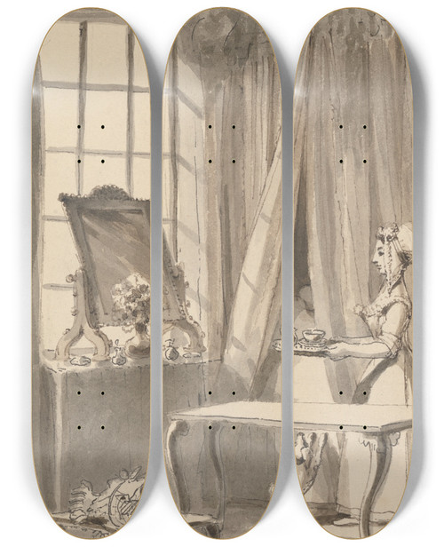 Triptych art skateboard deck of John Thomas Smith Hogarth Has Made Breakfast And Sends Up A Cup To His Wife At The Same Time Ordering The Little Dog To Be Admitted To Her Mistresss Bedchamber by John Thomas Smith (1766-1833)