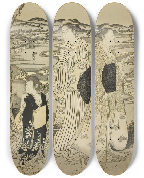 Triptych art skateboard deck of Chbunsai Eishi Parrot Komachi From The Series The Fashionable Seven Komachi Furyu Nana Komachi by Chobunsai Eishi (1756-1829)