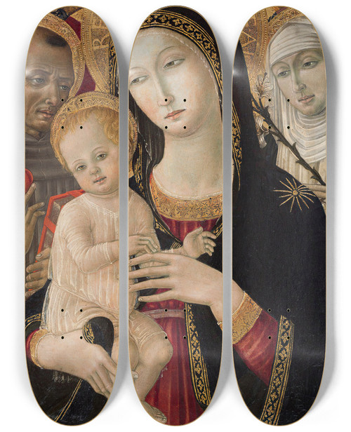 Triptych art skateboard deck of Matteo Di Giovanni Madonna And Child With St Catherine Of Siena Saint Anthony Of Padua And Angels by Matteo di Giovanni (1425-1495)