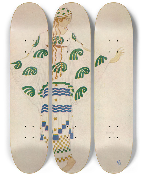 Triptych art skateboard deck of Lon Bakst Nymph In Laprsmidi Dun Faune by Leon Bakst (1866-1924)